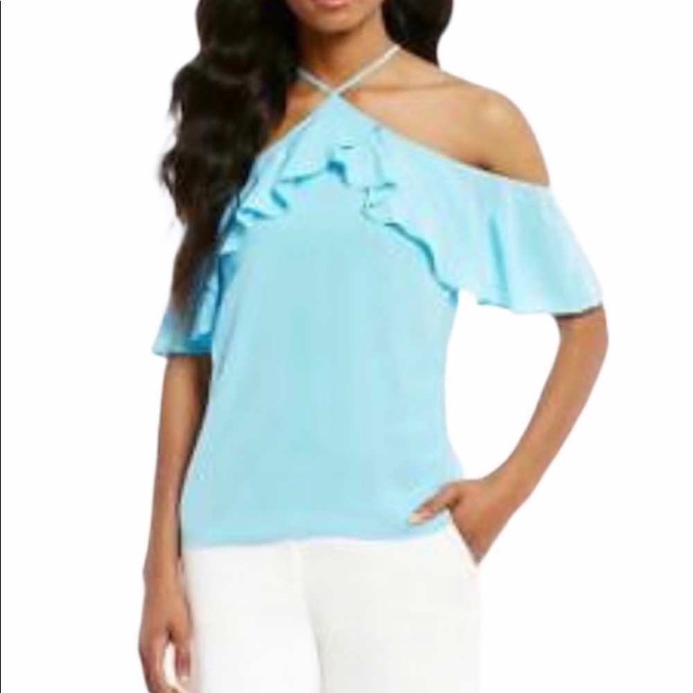 Gianni Bini Carla Knit Top Aqua Blue Cold Shoulder Ruffle Criss Cross NWT